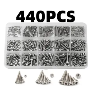 440pcs 304 Stainless Steel Hex Button Socket Head Cap Screw Assortment Kit - M3 M4 M5 Metric Nut Bolt Set