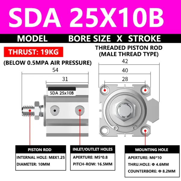 ABILKEEN SDA25X10B SDA Series Thin Air Cylinder 25MM Male Thread Bore X 10MM Stroke Double Acting Pneumatic Compact Cylinder
