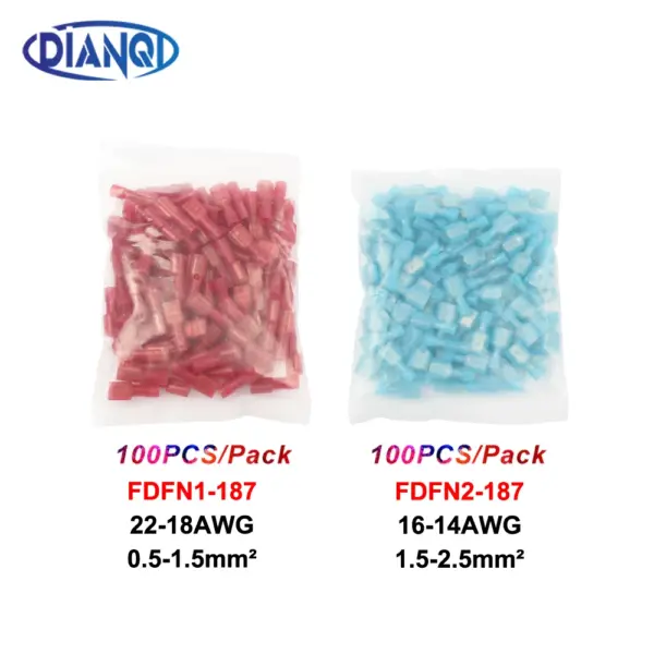 DIANQI FDFN1-187 FDFN1.25-187 NYLON brass Female Insulated Spade joint Cable Wire Connector 100PCS 0.5-1.5mm2 22-18AWG FDFN