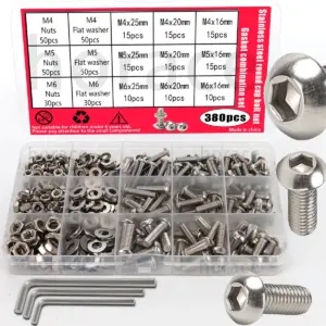 380-piece stainless steel hexagon socket head cap bolt and nut set, M4, M5, M6 cup bolts (with wrench)