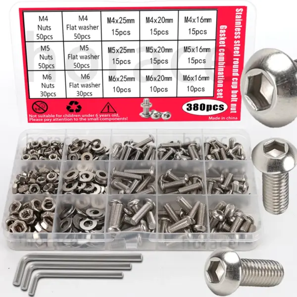 380-piece stainless steel hexagon socket head cap bolt and nut set, M4, M5, M6 cup bolts (with wrench)