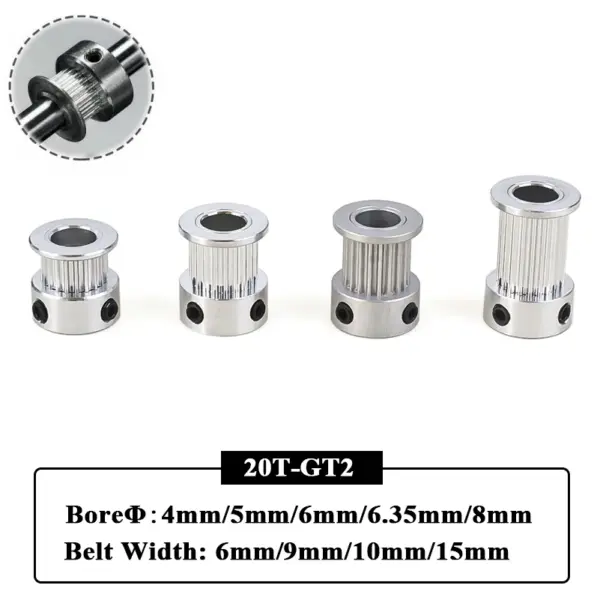 3Pcs GT2 20 Teeth Aluminum 2GT Timing Pulley Bore 4mm/5mm/6mm/6.35mm/8mm Belt Width 6mm/9mm/10mm/15mm for 3D Printer