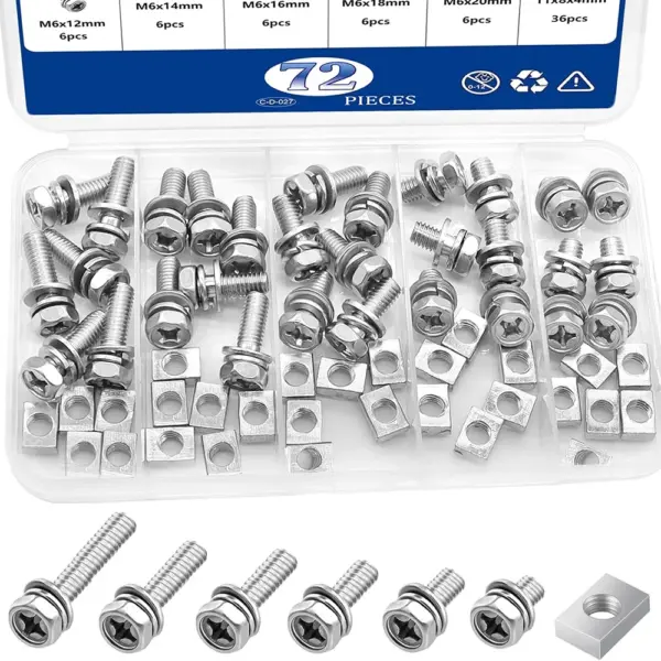 72PCS 304 Stainless Steel Battery Bolt with Square Nut Kit Motorcycle Battery Terminal Bolts and Nuts Set M6x10/12/14/16/18/20mm