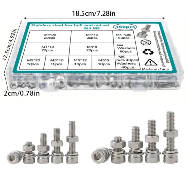 360-piece stainless steel socket head cap bolt and nut set, M4/M5, lengths 8mm, 12mm, 16mm, 20mm, for industrial equipment.