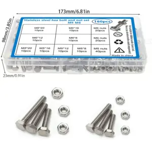 160-piece set of stainless steel hex bolts and nuts, M5 and M6, lengths 8mm, 12mm, 16mm, and 20mm.