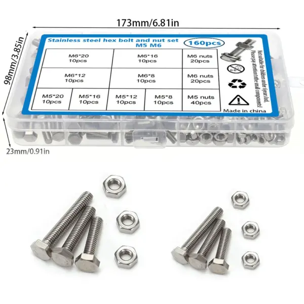 160-piece set of stainless steel hex bolts and nuts, M5 and M6, lengths 8mm, 12mm, 16mm, and 20mm.