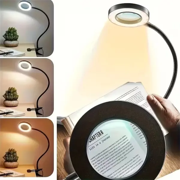 LED Magnifying Lamp with Clip, 10x Magnification, 3 Color Modes, Adjustable Brightness, Flexible for Reading, Painting, Crafting