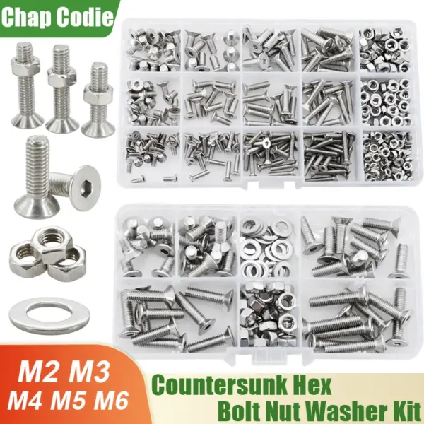 M2 M3 M4 M5 M6 304 Stainless Steel Countersunk Hex Socket Screw Nut Washer Kit Hexagonal Bolts Nuts Set Metal Hardware Fasterner