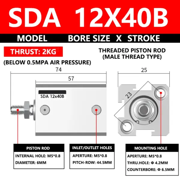ABILKEEN SDA12X40B SDA Series Thin Air Cylinder 12MM Male Thread Bore X 40MM Stroke Double Acting Pneumatic Compact Cylinder