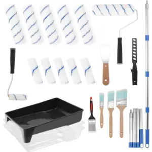 25 Piece Paint Roller Kit with Extension Pole Tray Covers Frames Brushes Putty Knife for Wall Home DIY