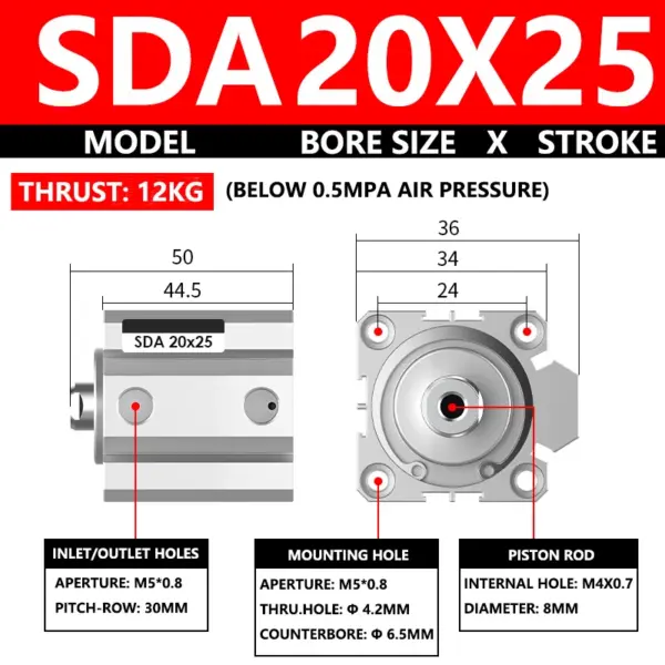 ABILKEEN SDA20X25 SDA Series Thin Air Cylinder 20MM Female Thread Bore X 25MM Stroke Double Acting Pneumatic Compact Cylinder