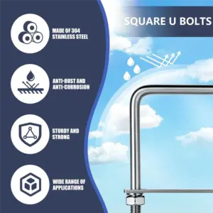 AA01-M8 Square U-Bolts, 2 Inch Wide, 304 Stainless Steel- 4 Sets With Nuts,Bolt Plates Washers