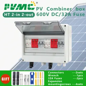 HT 2 in 2 out DC 600V Solar photovoltaic PV Combiner Box With Lightning Protection 32A Fuse MCB SPD Waterproof IP65 Distribution