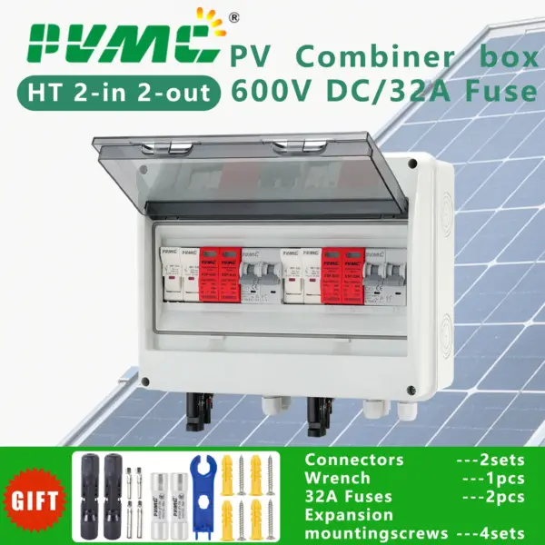 HT 2 in 2 out DC 600V Solar photovoltaic PV Combiner Box With Lightning Protection 32A Fuse MCB SPD Waterproof IP65 Distribution