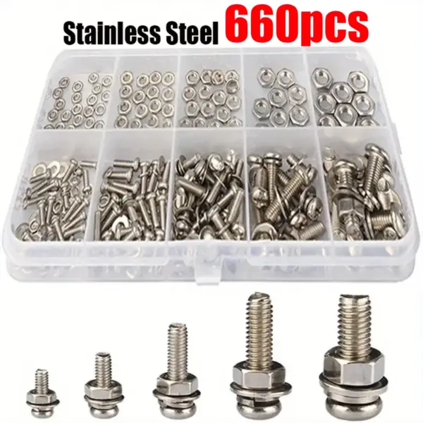 660pcs stainless steel Phillips head pan head screw, nut, and washer set; M2, M2.5, and M3 Phillips head bolt fastener set.