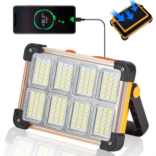 120W Solar Rechargeable Work Light 144 LED 10000LM Portable Flood Light With Stand IP66 Waterproof 4 Modes Job Site Lighting Flashlight For Mechanic Camping Fishing Car Repair