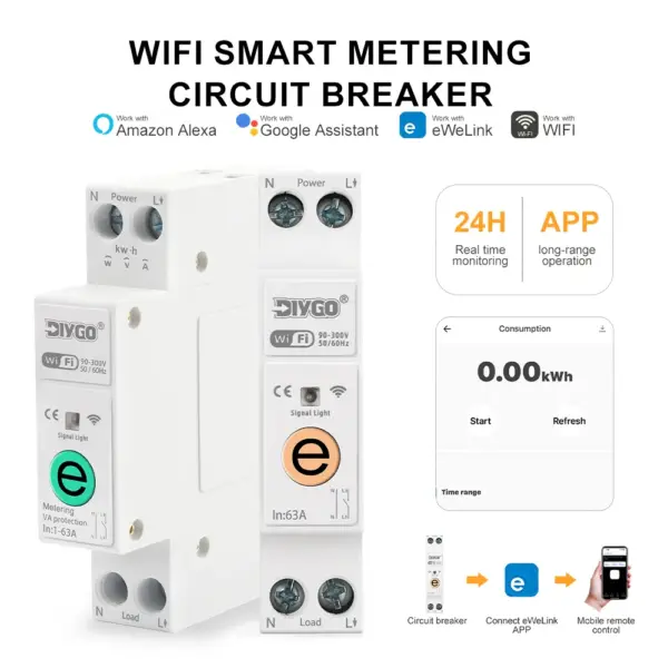 eWeLink 1P+N 63A Mini Din Rail WiFi Smart Circuit Breaker MCB Energy Meter Kwh Metering Remote Control Works with Google Alexa