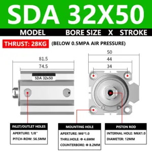 ABILKEEN SDA32X50 SDA Series Thin Air Cylinder 32MM Female Thread Bore X 50MM Stroke Double Acting Pneumatic Compact Cylinder
