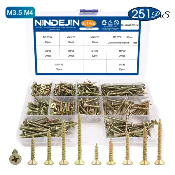 Cross Flat Head Wood Screws Assortment Kit M3.5 M4 Zinc Plated Phillips Self Tapping Screws Set for Drywall Sheetrock and Wood
