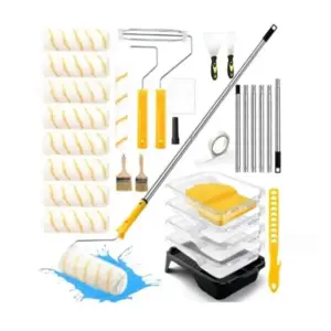 MOPHE-Paint Roller Kit, Paint Roller Set With Pole, Paint Tray Liners& Plastic Sheeting For Wall Ceiling House For Painting Proj