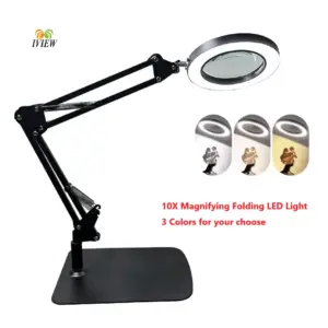10X foldable Illuminated Magnifier 3 Colors LED Magnifying Glass with Light for Repair/Works/Table Lamp and Skincare Beauty Tool