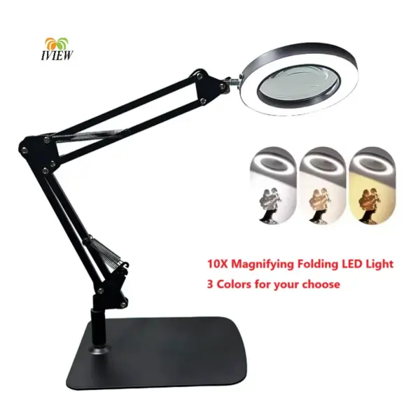 10X foldable Illuminated Magnifier 3 Colors LED Magnifying Glass with Light for Repair/Works/Table Lamp and Skincare Beauty Tool