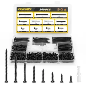 240 PCS Wood Screws Assortment Kit, Flat Head Phillips Drive, 8 Sizes with Anchors, Black