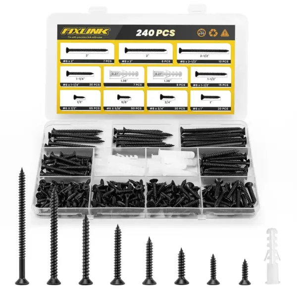 240 PCS Wood Screws Assortment Kit, Flat Head Phillips Drive, 8 Sizes with Anchors, Black