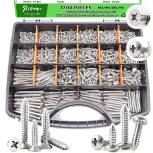 1200 PCS Stainless Steel Wood Screws Assortment Kit with M3/M4/M5/M6 Self Tapping & Sheet Metal Screws