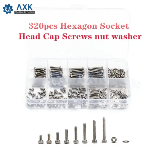 320Pcs/set M2 Hexagon Socket Head Cap Screws 304 Stainless Steel Bicycle Hex Bolts Flat Washer Assortment Kit with Plastic Box
