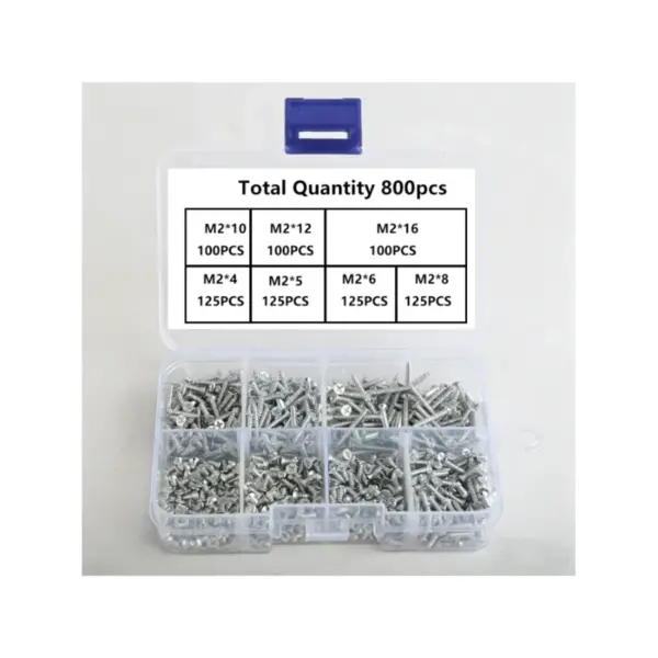 Set of 800 Self-Tapping Wood Screws, M2 Phillips Flat Head Screws for Sheet Metal, Assortment Kit of Self-Screws with Lock Nuts