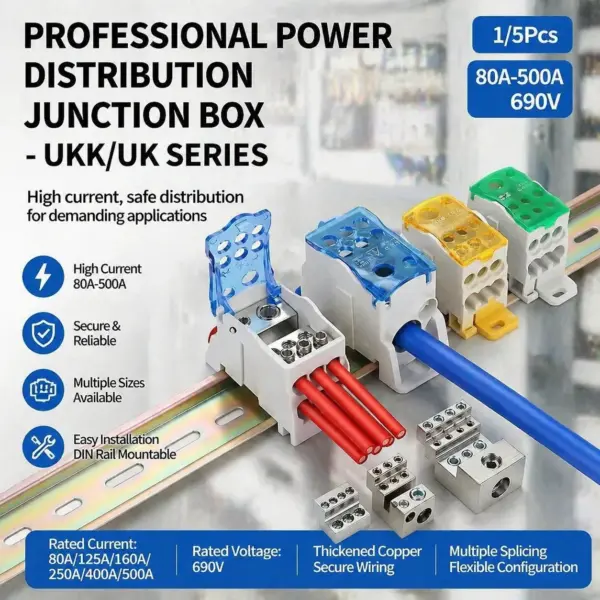 UKK Distribution Terminal Block, DIN Rail Power Junction Box One In Seven Out 80A 125A 160A 250A 400A Wire Connector