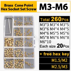 260Pcs Brass Hex Hexagon Socket Set Screw Cone Point Grub Screw M3 M4 M5 M6 Copper Grub Allen Bolts Assortment Kit with Hex Key