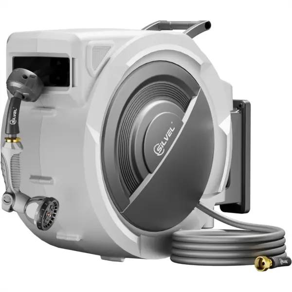 Retractable Garden Hose Reel 5/8 in x 110FT Wall Mounted Auto Rewind UV Resistant with 10 Pattern Nozzle 180° Swivel Bracket