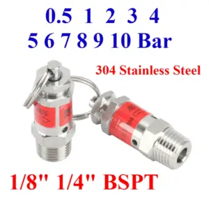 0.5 1 2 3 4 5 6-10 Bar 1/8" 1/4" BSPT Male Thread 304 Stainless Steel Safety Valve Spring Type Pressure Relief Air Release Vent