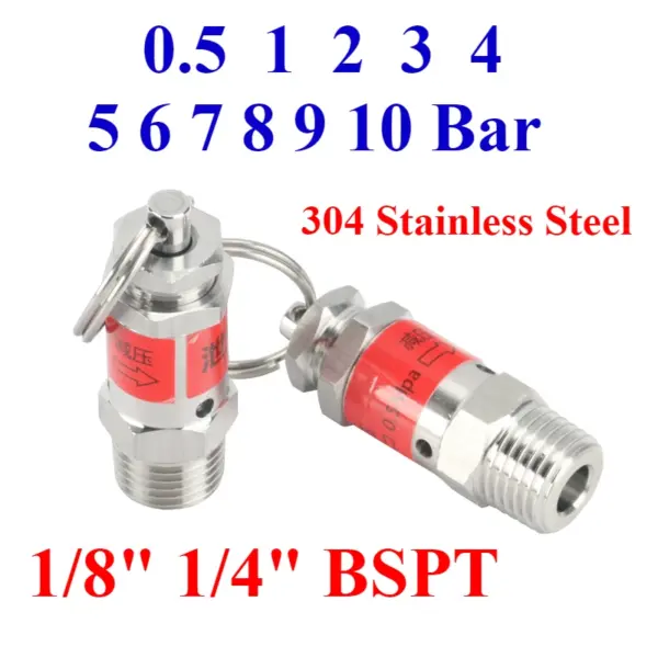 0.5 1 2 3 4 5 6-10 Bar 1/8" 1/4" BSPT Male Thread 304 Stainless Steel Safety Valve Spring Type Pressure Relief Air Release Vent