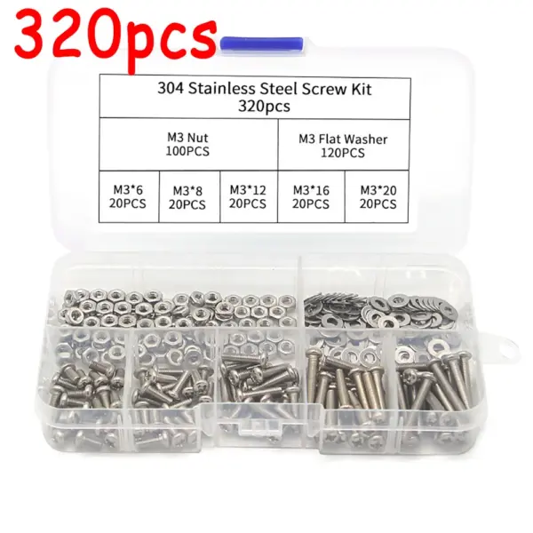320pcs/Set M3 Stainles Steel Screws Bolts And Nuts Washers Assortment Kit Metric Machine Screws Diy Repair Combination