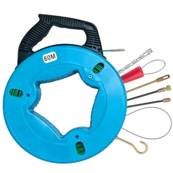 4.5mm 196FT Fiberglass Fish Tape Wire Puller, Electrical Cable Running Rod with 7 Leader Tips and Steel Reel Stand, PET Wire Fi