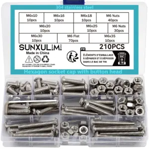 210 pieces of 304 stainless steel M6x10-35 bolts and nuts set assembly kit, threaded button-head hexagonal screws