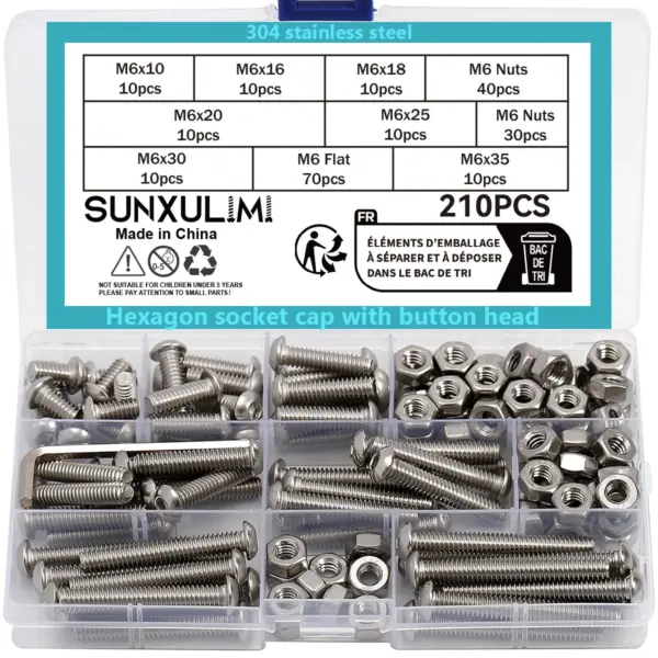 210 pieces of 304 stainless steel M6x10-35 bolts and nuts set assembly kit, threaded button-head hexagonal screws