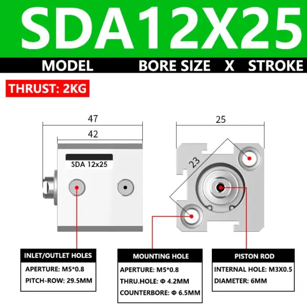 ABILKEEN SDA12X25 SDA Series Thin Air Cylinder 12MM Female Thread Bore X 25MM Stroke Double Acting Pneumatic Compact Cylinder