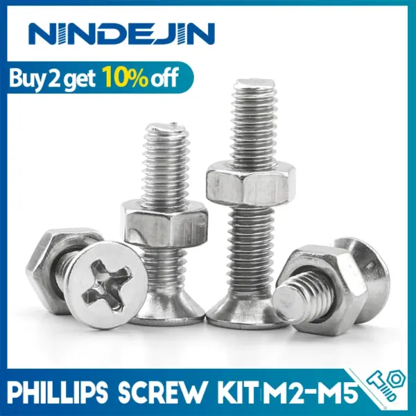 NINDEJIN M2 M2.5 M3 M4 M5 Phillips Flat Head Screw Machine Screw Assortment Kit with Nuts Stainless Steel