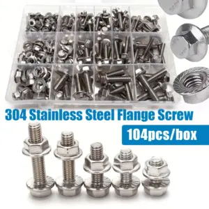 104 pcs 304 stainless steel hexagonal flange bolt and nut set, sizes M5/M6/M8, lengths: 10mm,12mm,16mm,20mm,25mm,30mm,35mm