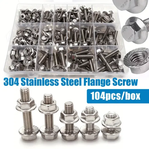 104 pcs 304 stainless steel hexagonal flange bolt and nut set, sizes M5/M6/M8, lengths: 10mm,12mm,16mm,20mm,25mm,30mm,35mm