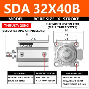 ABILKEEN SDA32X40B SDA Series Thin Air Cylinder 32MM Male Thread Bore X 40MM Stroke Double Acting Pneumatic Compact Cylinder