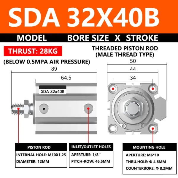 ABILKEEN SDA32X40B SDA Series Thin Air Cylinder 32MM Male Thread Bore X 40MM Stroke Double Acting Pneumatic Compact Cylinder