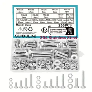 265 Hex Screw and Nut Combination Set,M5M6M8 Combination Screw Nuts and Washers Kit, 304 Stainless Steel Machine Screw Set with