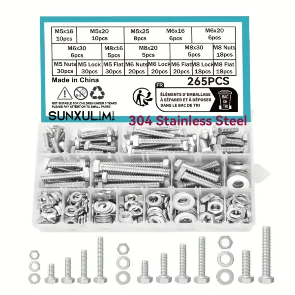 265 Hex Screw and Nut Combination Set,M5M6M8 Combination Screw Nuts and Washers Kit, 304 Stainless Steel Machine Screw Set with