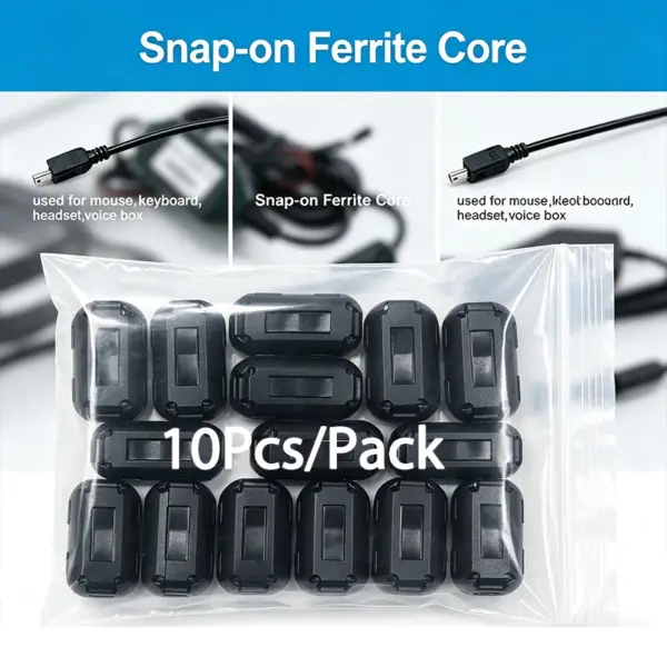10Pcs 3.5/5/7/9/13/15mm Ring Core Ferrite Bead Clamp Choke Coil EMI RFI Noise Filter Clip Snap Cable for Black Magnetic Snap-on