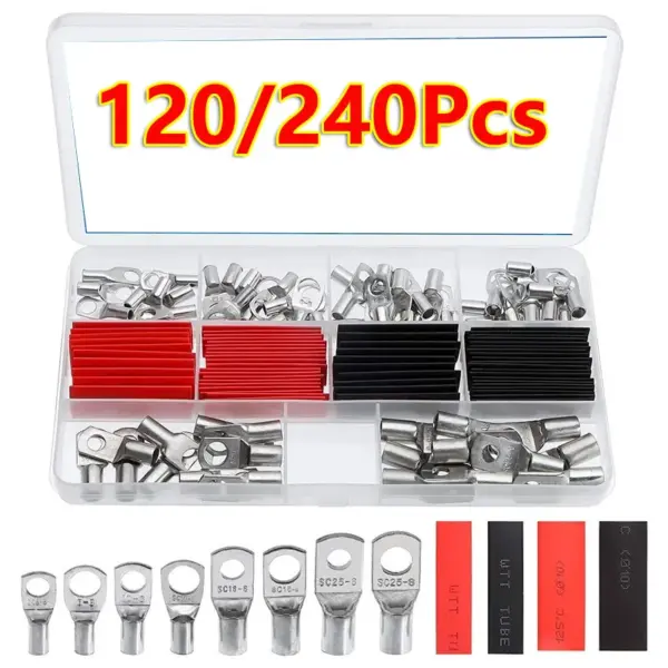 120/240Pc Car Copper Ring Lugs Terminals Heat Shrink Tubing Wire Battery Connectors Cable Lug Pc Electrical Shrinkable Tube DIY